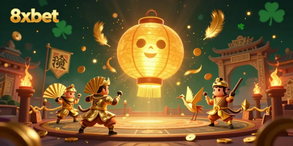 View an engaging 8xbet scene with golden lantern spirit and warriors surrounded by vibrant gaming elements.