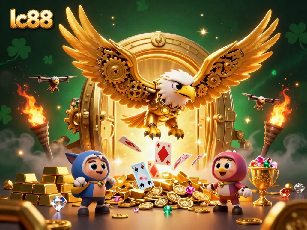 Experience lc88 with a vivid illustration of casino elements showcased by a cybernetic eagle.