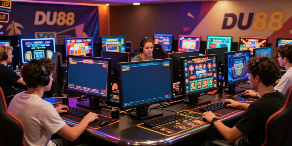 Engaging online gaming scene at https://du88az.net/, showcasing casino games and excited players in a vibrant setup.