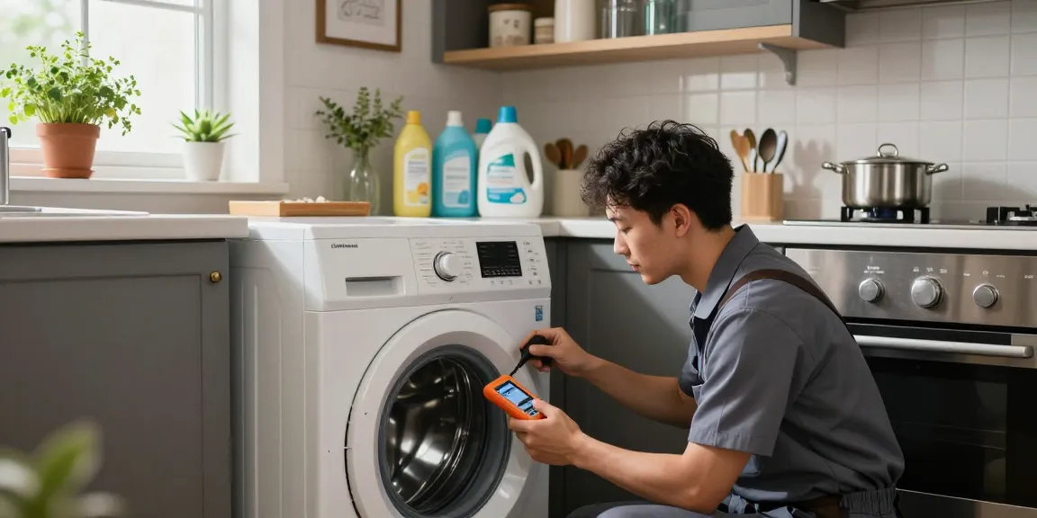 Washer specialists diagnosing a front-loading washer in a bright North York kitchen