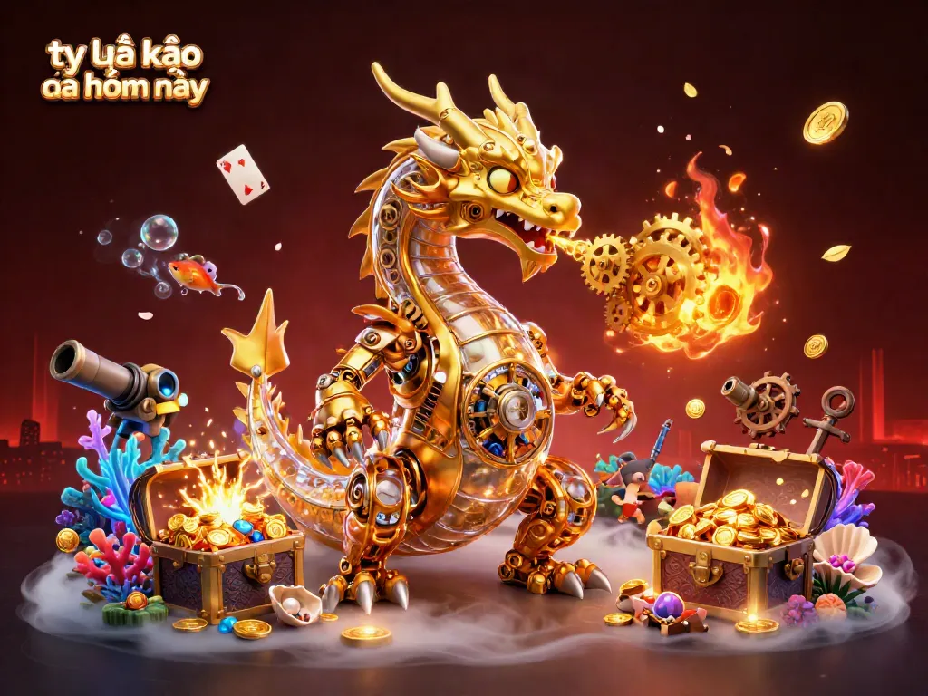 Experience tỷ lệ kèo nhà cái hôm nay with a vibrant 3D illustration of a biomechanical dragon amidst a treasure-filled underwater scene.