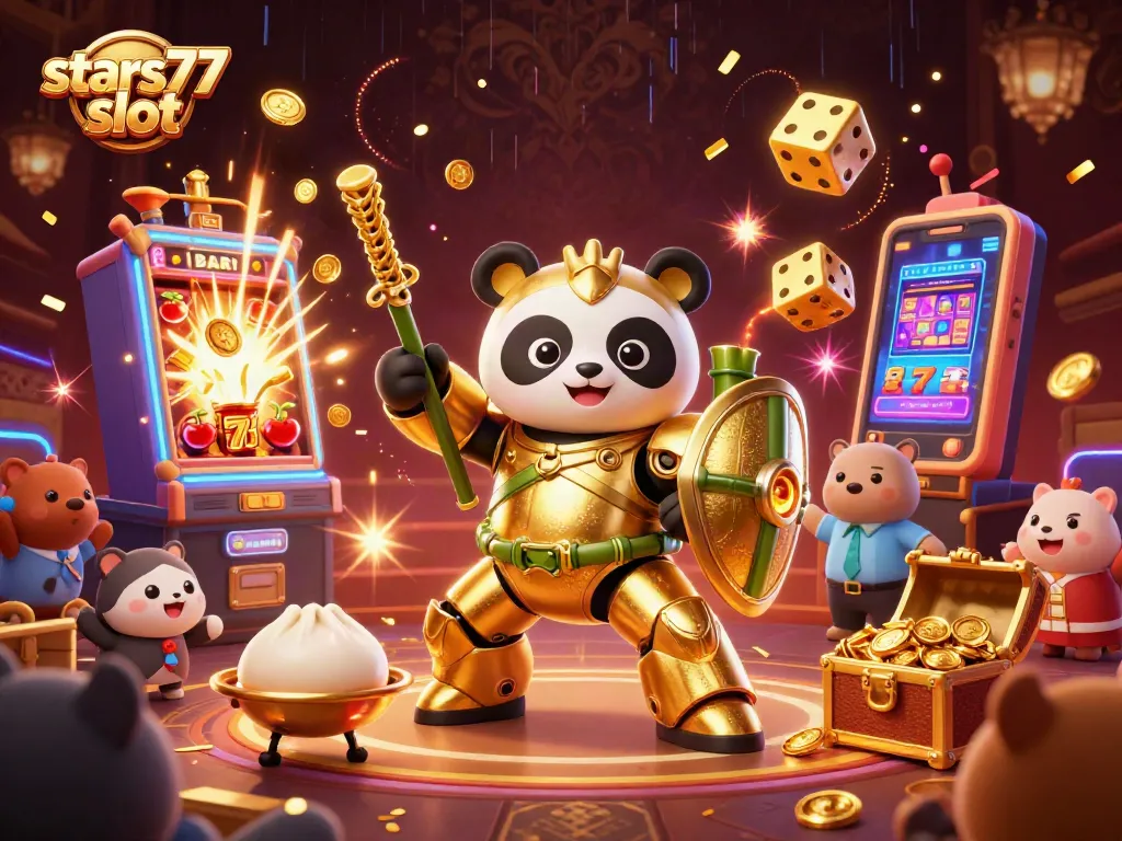 Menampilkan aksi judi seru di stars77 slot dengan panda emas dan robot petarung di tengah keriuhan.