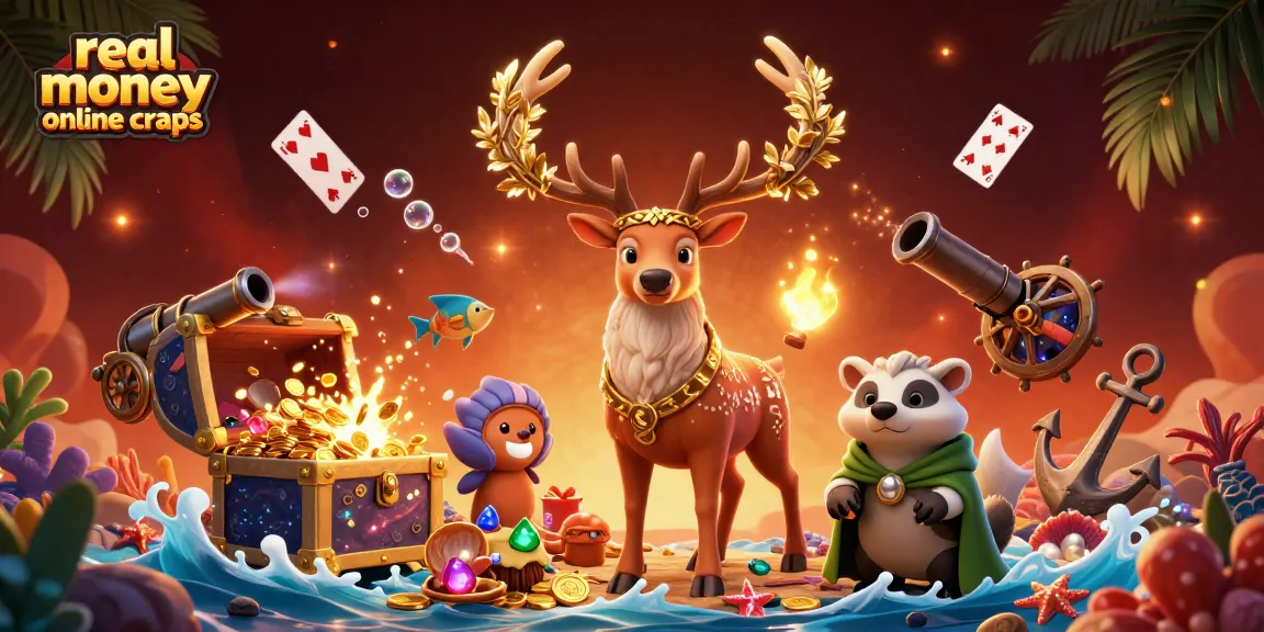 Experience real money online craps with vivid 3D characters and casino-themed elements in a vibrant illustration.