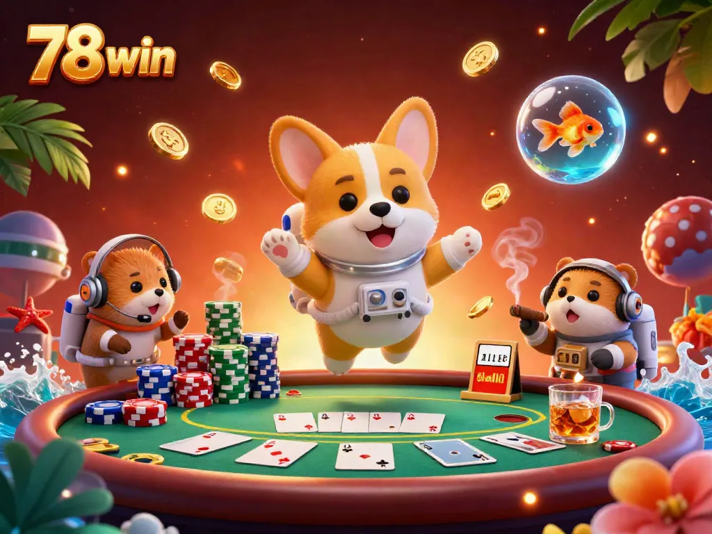 Experience the excitement of 78 win with a floating corgi astronaut and a mission-control hamster in a vibrant online casino.