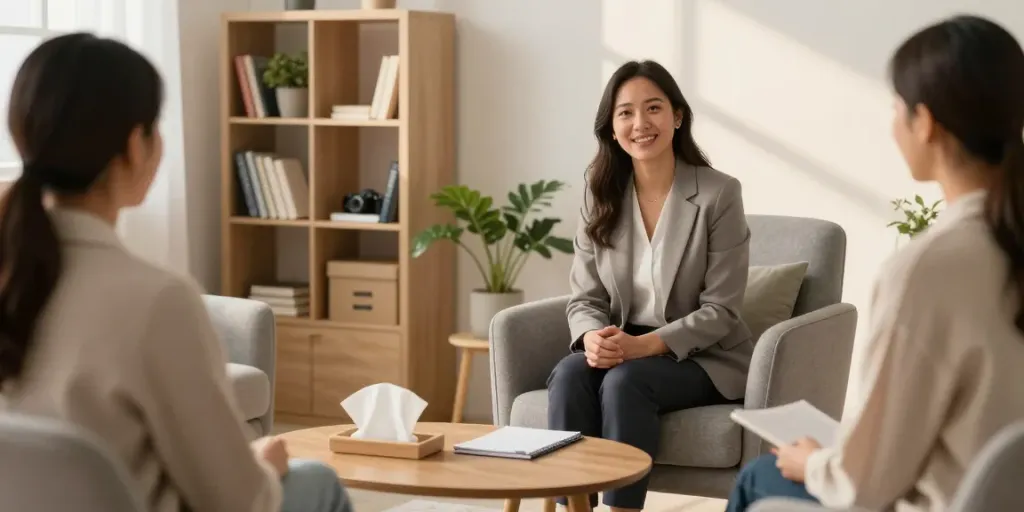 Counselling Haldimand session in cozy therapy office, therapist engaging with client in comfortable setting, creating a safe space for discussion.