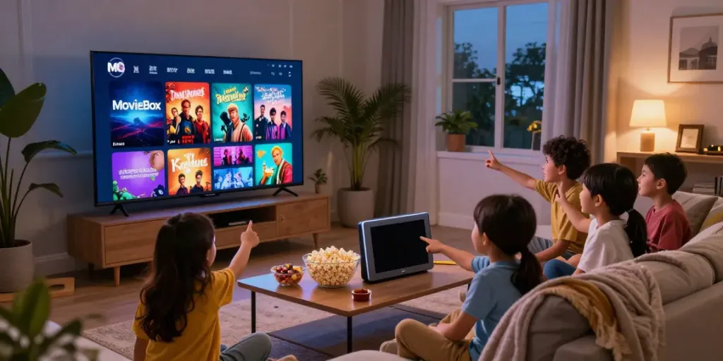 Family enjoying MovieBox app on large TV during cozy movie night