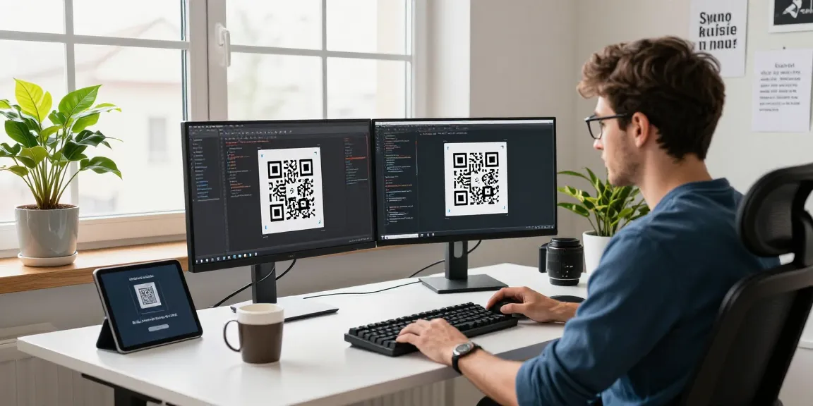 Create QR Code in a tech workspace with developer using dual monitors.