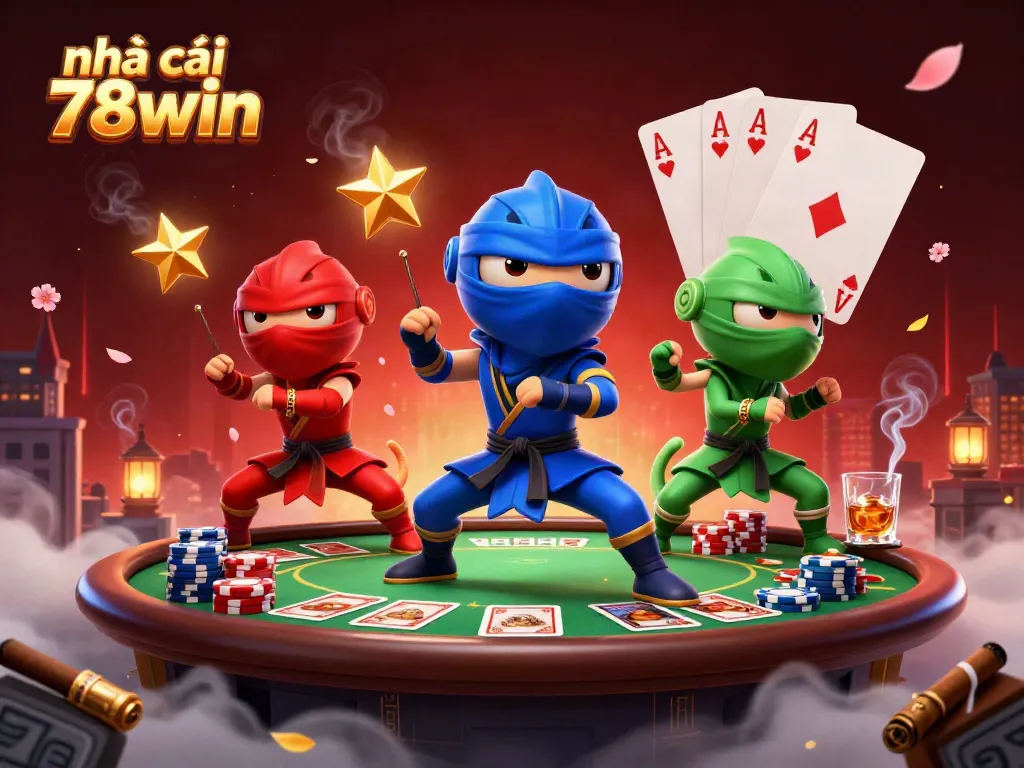 Engage with the vibrant scene from nhà cái 78win showcasing a ninja chameleon trio in action amidst rich casino elements.