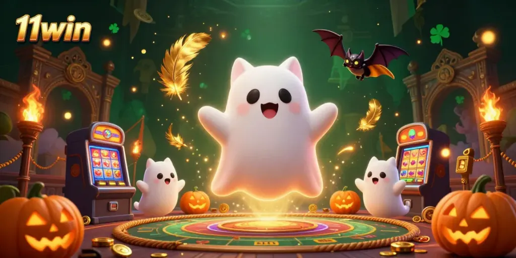 Engage with thrilling gaming moments featuring 11win's ghostly cat mascot and casino icons.