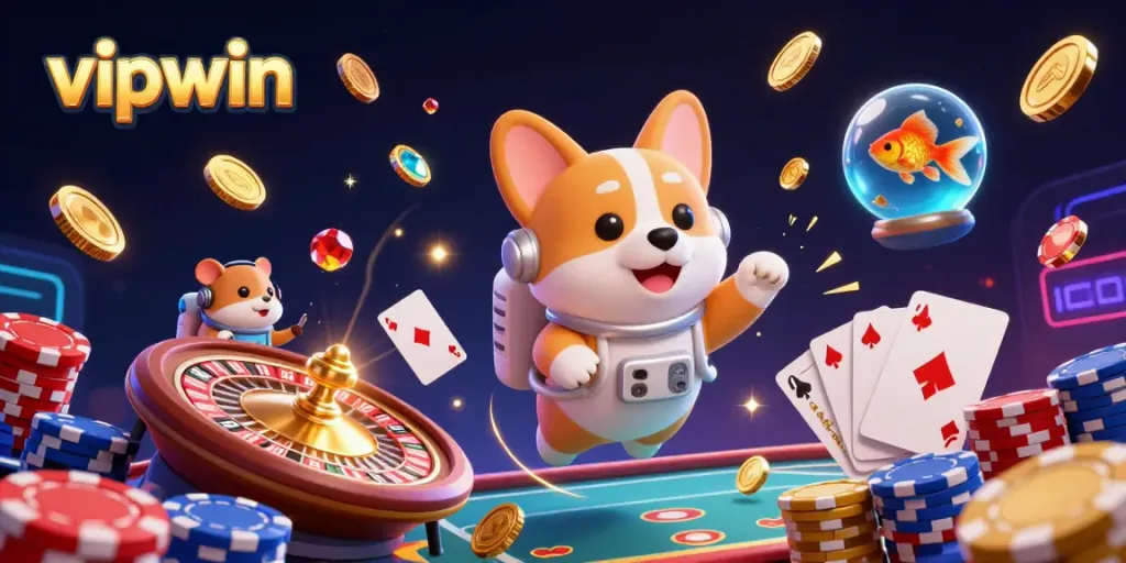 Experience the excitement of vipwin as a cartoon astronaut corgi floats in a casino filled with poker chips and coins.