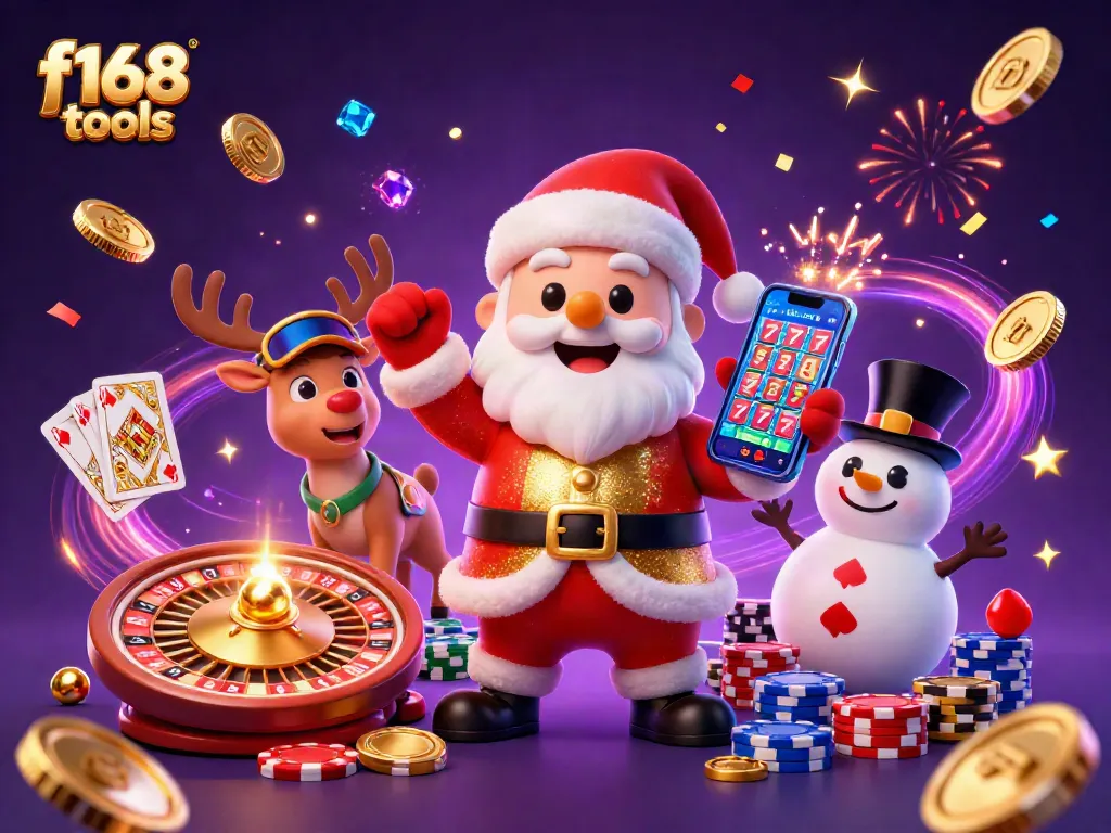 Win big with f168 tools as Santa, a reindeer dealer, and a poker chip snowman celebrate in a casino scene.