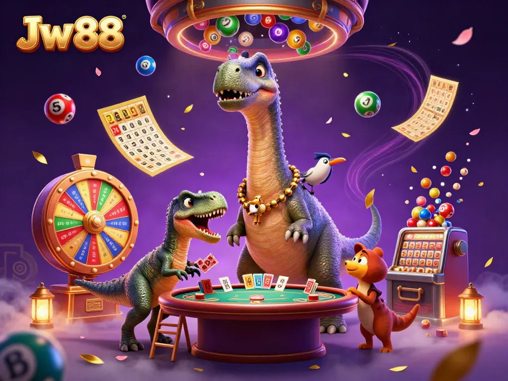 Engage with Jw 88 in a vibrant 3D casino scene featuring a towering brontosaurus and a clever raptor.
