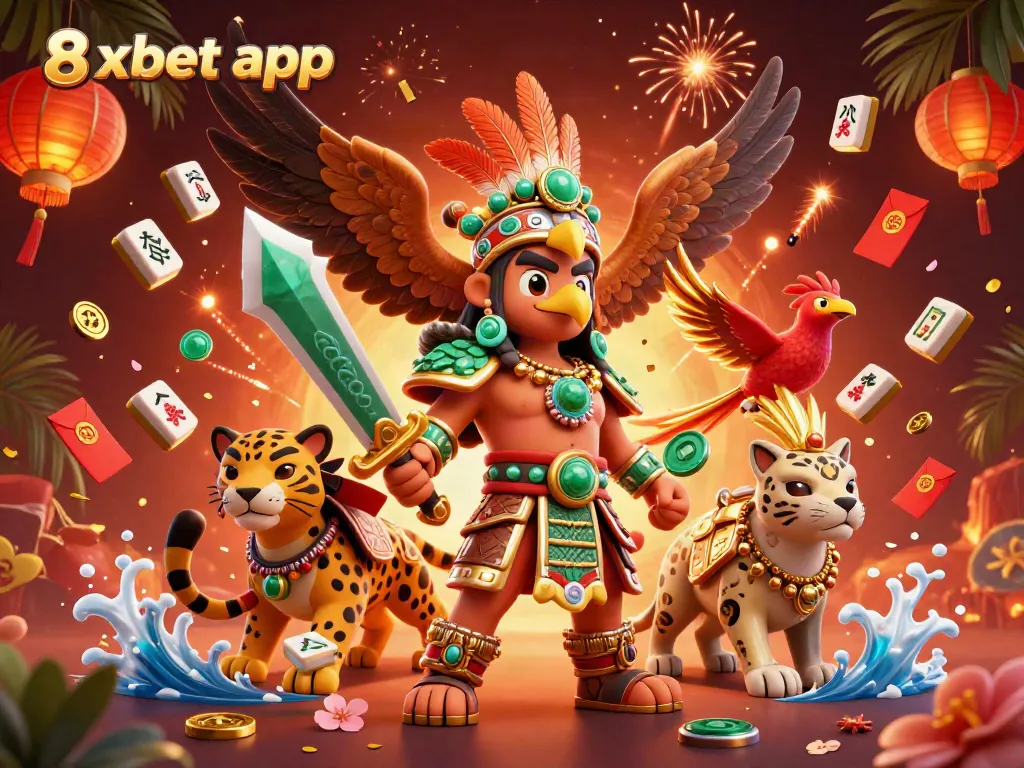 Experience thrilling moments with the 8xbet app as 3D Aztec characters celebrate, surrounded by dazzling gaming elements.