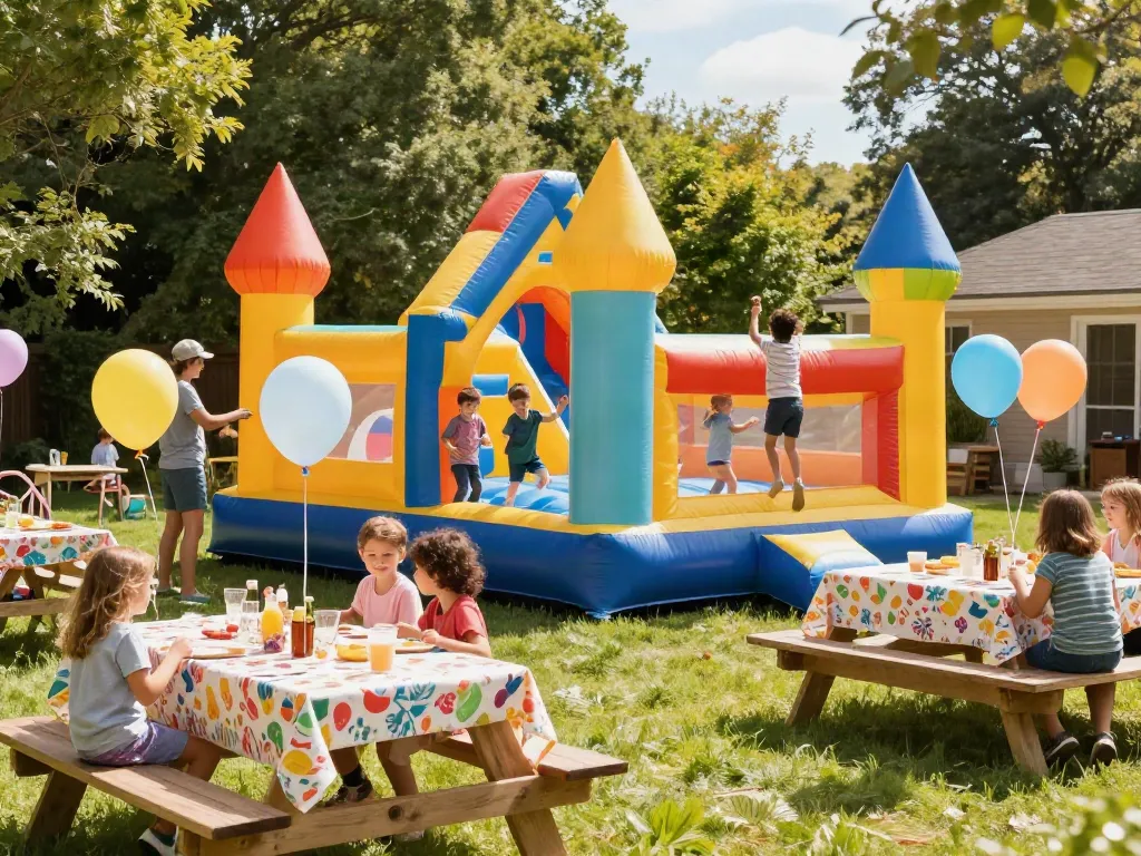 Children enjoying a day in an inflatable castle at a lively outdoor party.