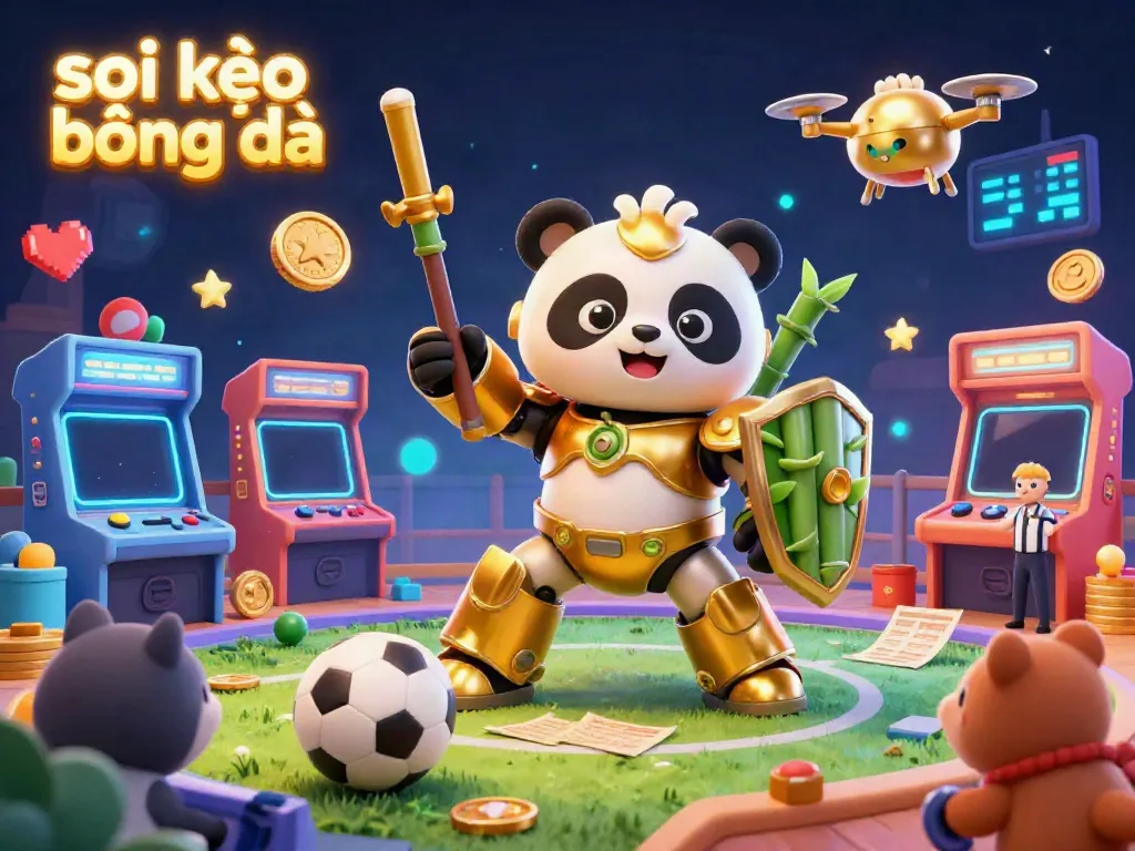 Engage in soi kèo bóng đá with the mech-suit panda in an exciting sports betting arena surrounded by cheers.